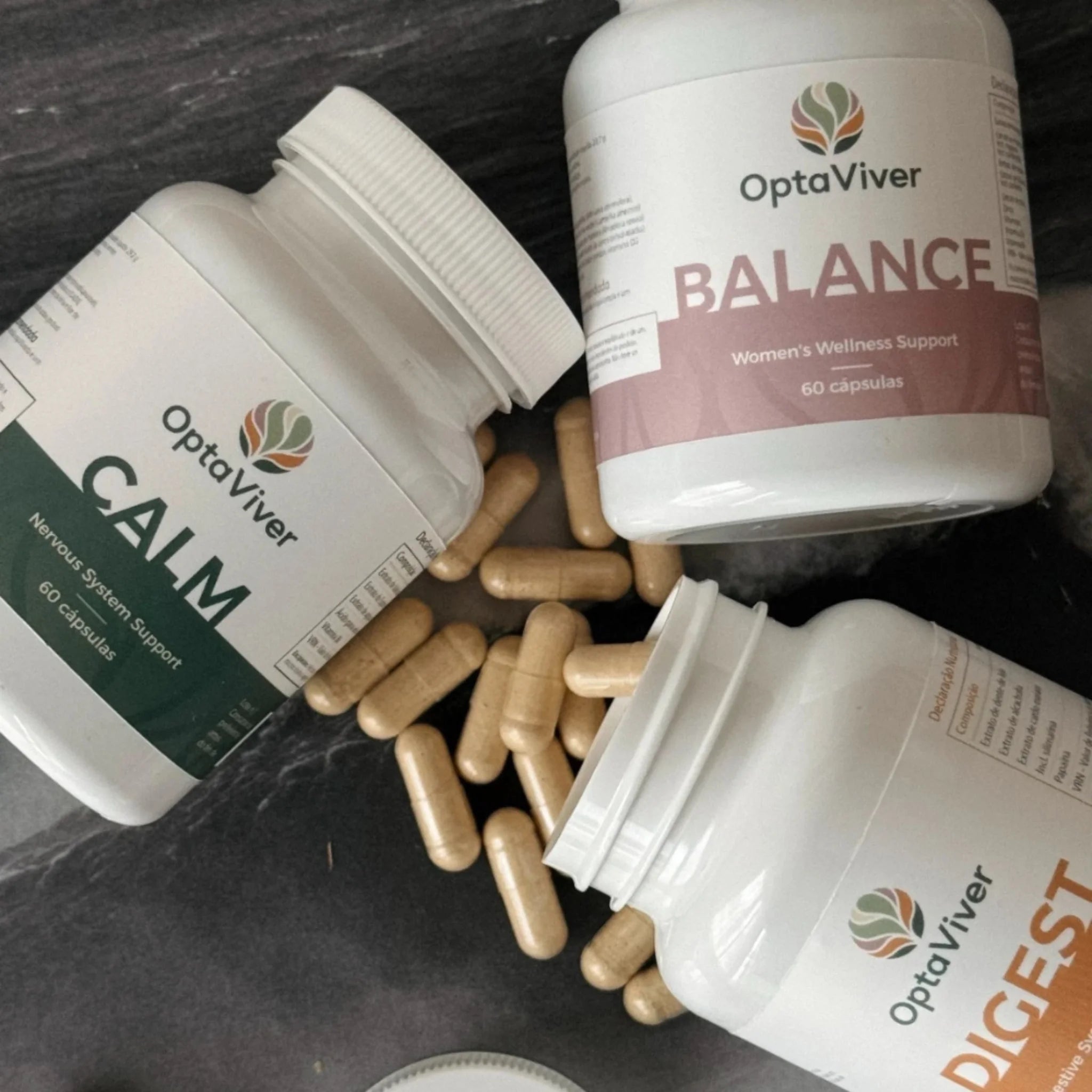 OptaViver - Suplemento Calm anti-stress 60 cápsulas, Suplemento Digest para digestão 60 cápsulas, Suplemento Balance apoio hormonal 60 cápsulas